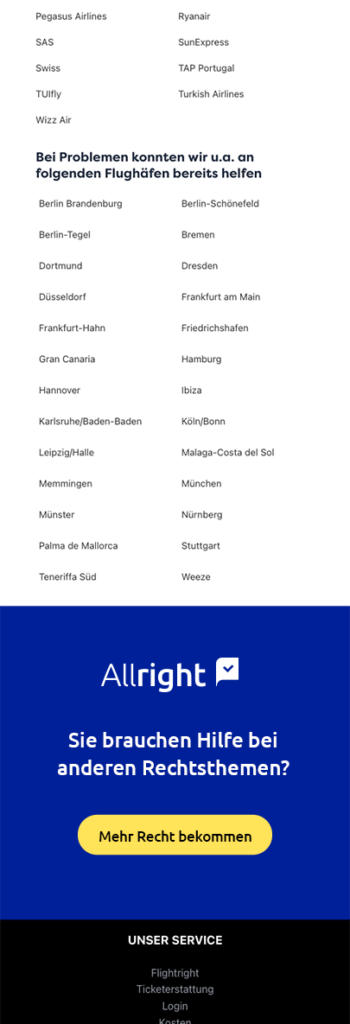 Flightright Website: Content Section am unteren Ende der Website