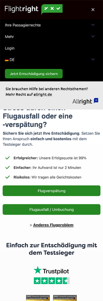 Flightright Website: Hinweis in der Navigation